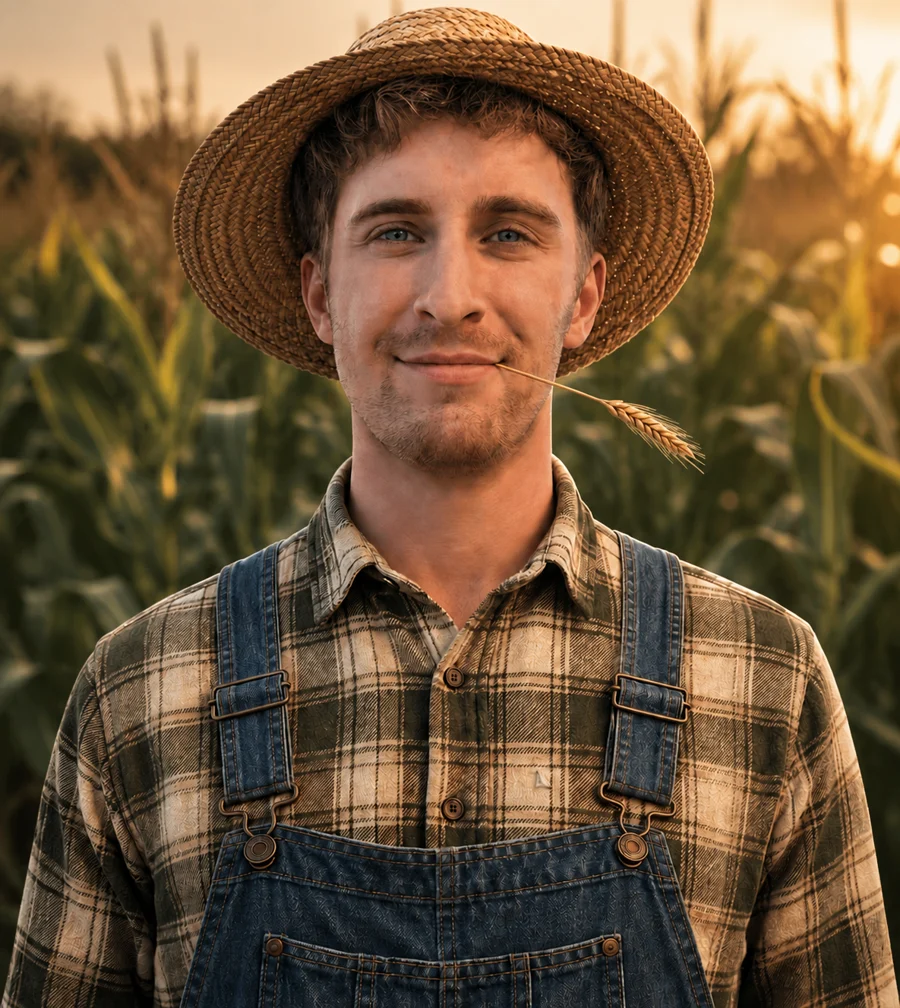 Jacob Contreras wearing denim overalls and a straw hat in a sunlit cornfield